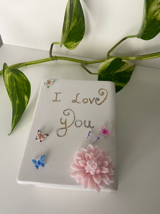 Handmade Soy Wax Candle Holder- Custom Engraved “Book of Love” Design